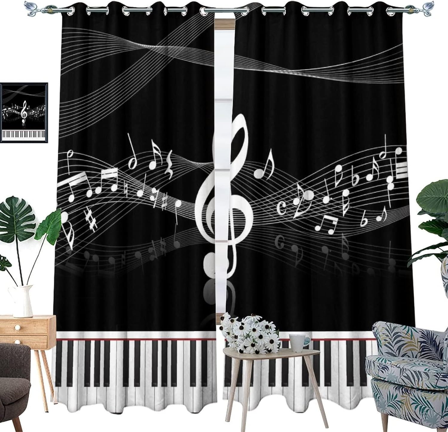 Black & White Piano Notes Blackout Curtains for Bedroom,Abstract Modern Art Music Keyboard Decor Grommet Thermal Insulated Room Darkening Curtains Window Curtains 2 Panels 63L x 21W