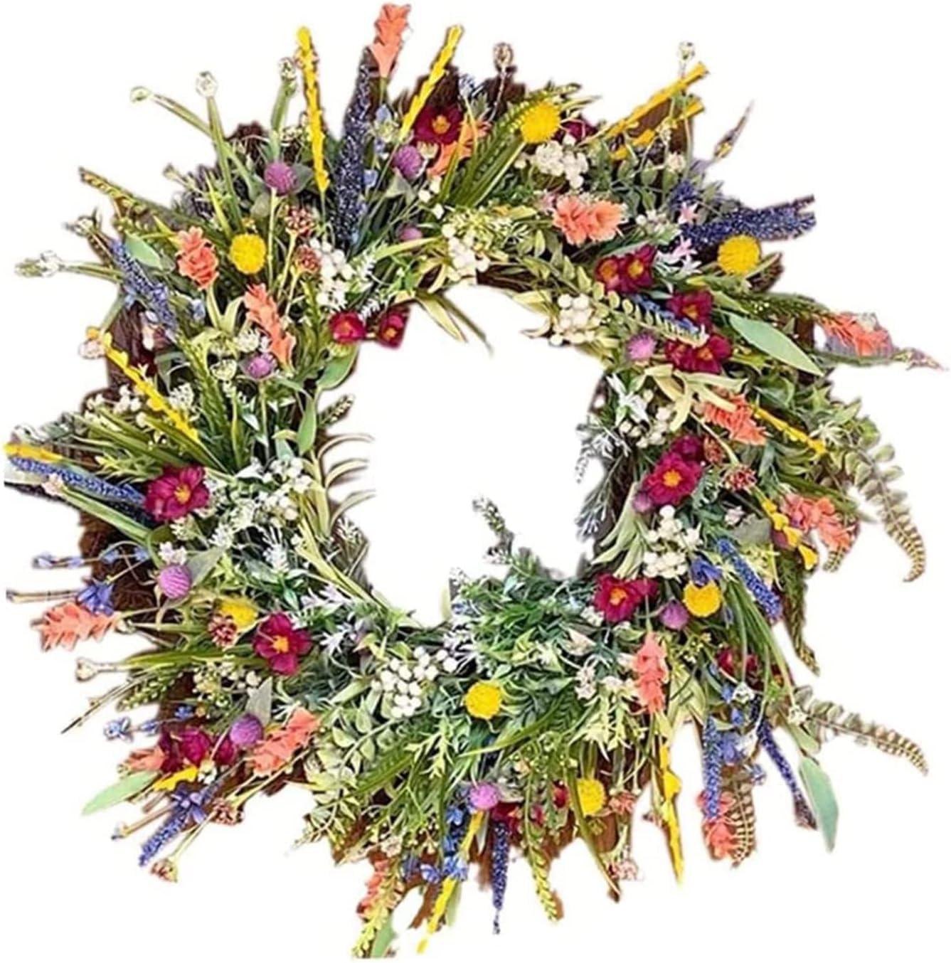 Spring Summer Wildflower Wreath for Front Door, Artificial Wildflower Garland,Colourful Spring for Indoor Garden Decoration,for Spring Mothers Day Decoration, Home, Parties, Doors, Weddings (45CM)