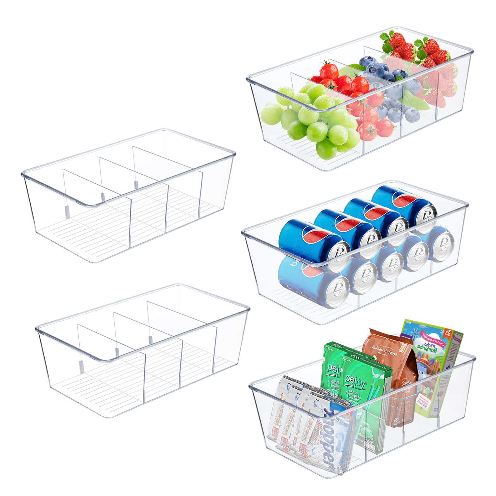 Lot De 2 Boîtes De Rangement Réfrigérateur Transparentes - 4 Compartiments Amovibles, Sans BPA, 26x15.5x9cm