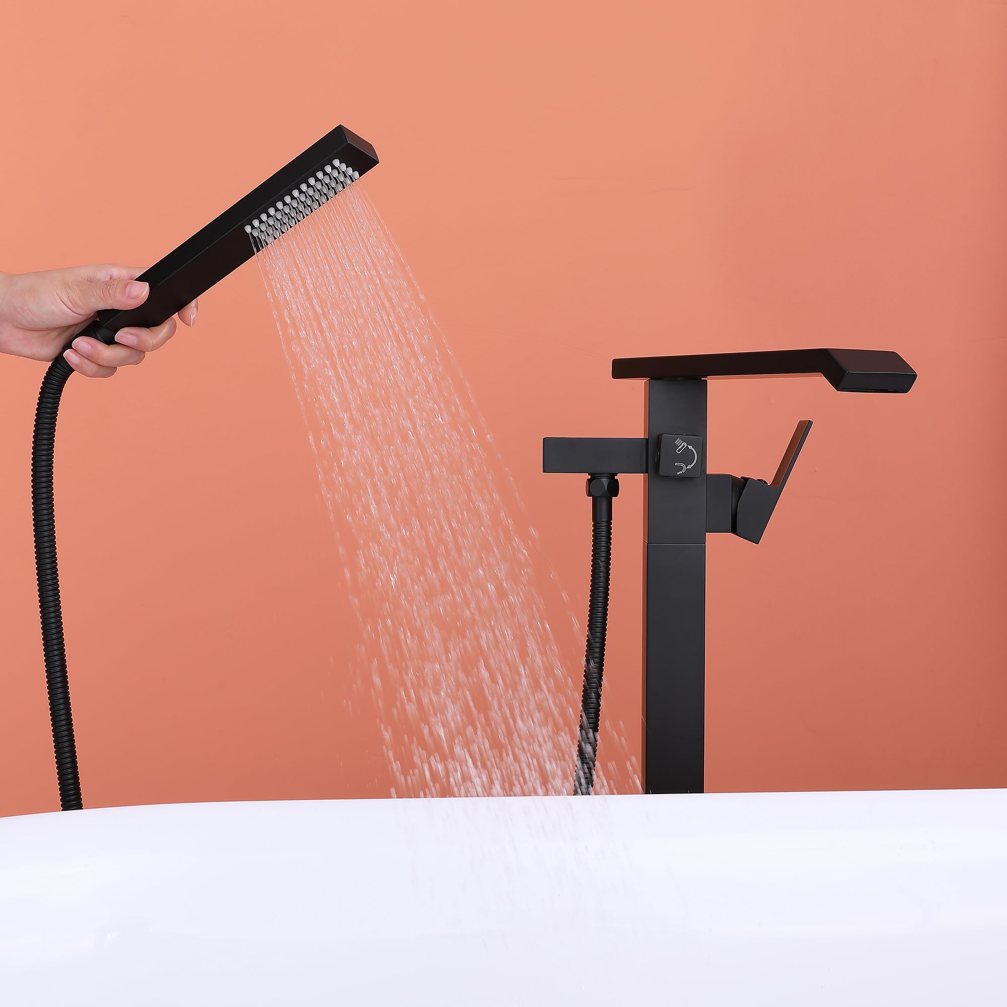Freistehende Wannenarmatur Schwarz, Badewannenarmatur Freistehend Schwarz Aus Messing 360° Schwenkbar Badezimmerarmatur Bodenmontage Mit Handbrause Für Wanne, Freistehende Badewanne (Schwarz-A)