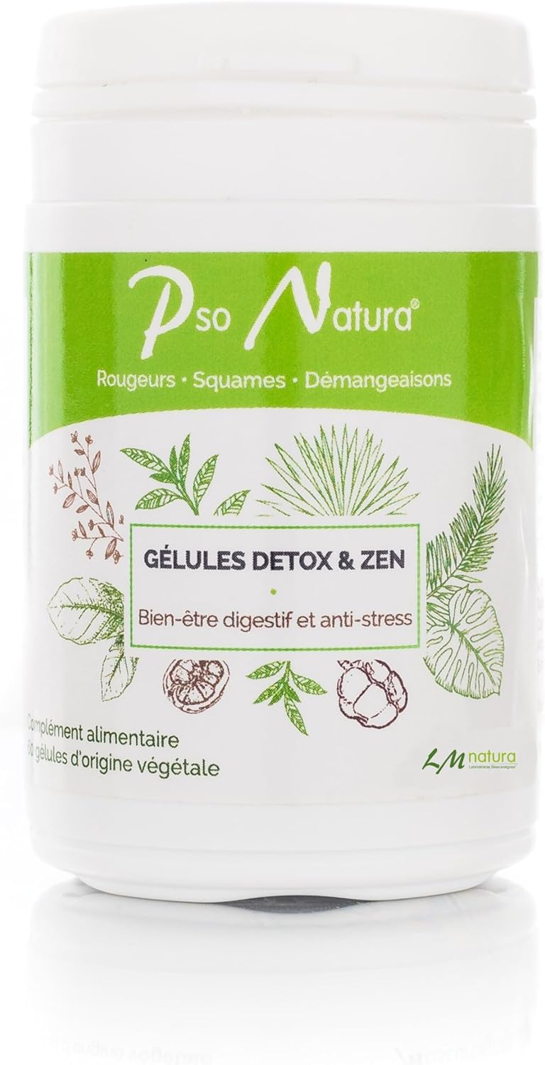 PSO NATURA Detox & Zen Capsules – Skin Supplement – Stress/Detox Liver and Digestive Comfort – Skin Prone to Redness, Dander, Psoriasis and Eczema – 60 Capsules – 100% Natural