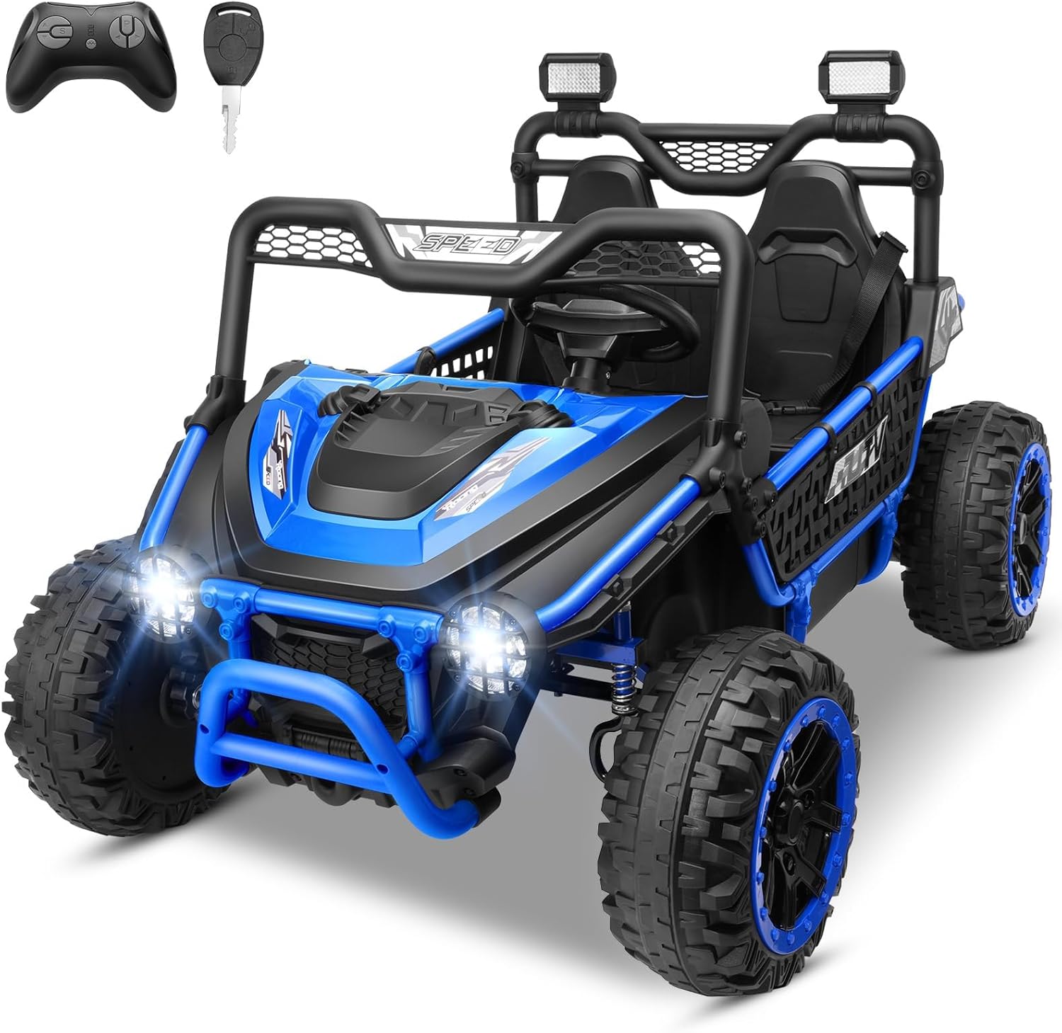 Hikole 2 Seater 24V Ride on Toys for Big Kids, Key Start Electric Truck UTV with Remote Control, XXXL 24'' Seat, Power Wheels, Metal Frame/Shock Springs/Rear Storage/Dashboard, Blue