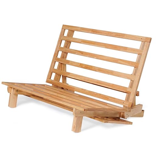 Tri-Fold Futon with White Ivory Color Mattress Included (Full Size, Natural Finish, Solid Wood) - 13 Position Sofa Bed, Lounger, and Couch