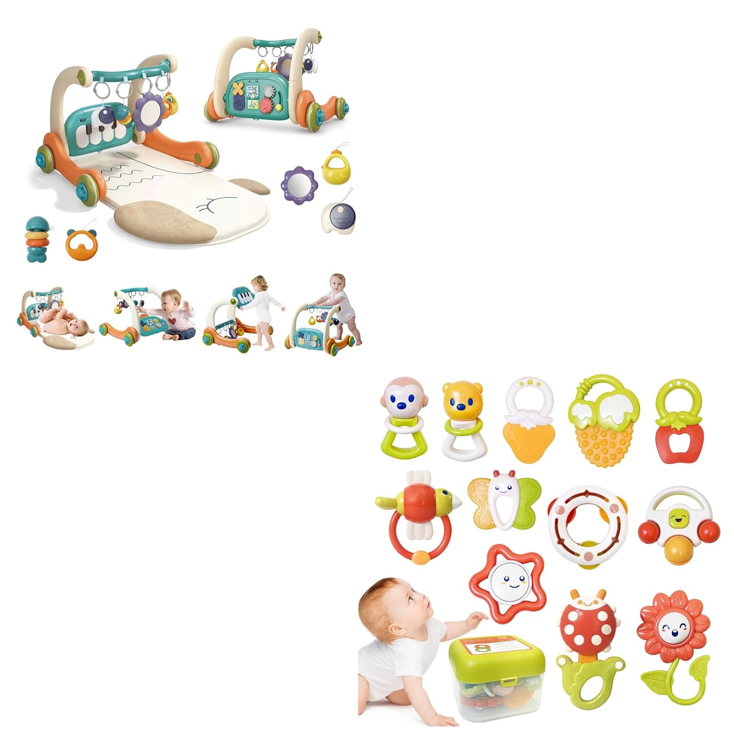 3 in 1 Baby Activity Gym Center, Tummy Time Play Mat, Baby Rattles Set with Storage Case, Teething Toys for Babies, Newborn Christmas Gift for Baby Infant Boys and Girls 0 1 2 3 4 5 6 7 8 9 1