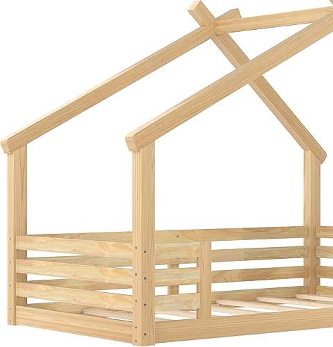 Miniatura 59 de Bellemave Cama individual para niños, cama de madera de pino, camas Montessori para niños, color blanco con estante Blanco,Madera de pino gris,gris