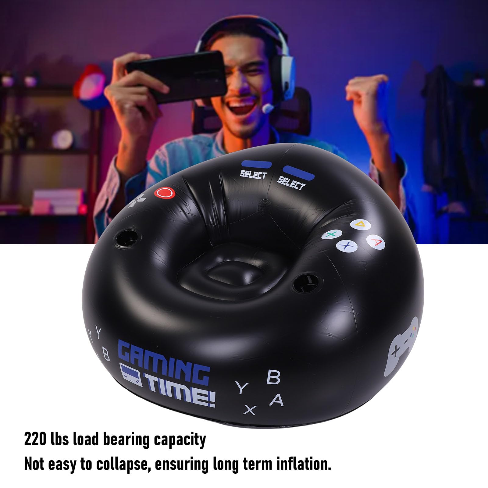Poltrona da Gaming Gonfiabile, a Sacco, con Portabicchieri e Tasche Laterali, Supporta Fino a 100 Kg, Ideale per la Sala Giochi dei ragazzi.