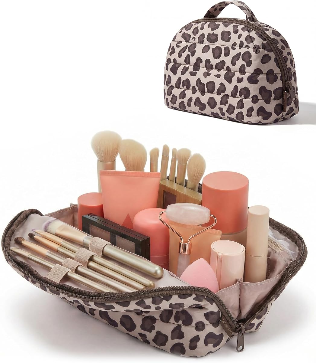 BAGSMART Travel Makeup Bag for Women, Portable Cosmetic Case, Leopard Print | Fold-down for easy access. Removable divider for smart organization. Puffy padded & water-resistant for toiletries