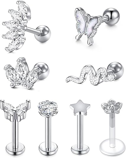 8 Piercing Helix Trago In Acciaio Inox 316L - Orecchini Cartilagine Con Zirconi CZ, Multicolore, Regalo Ragazza