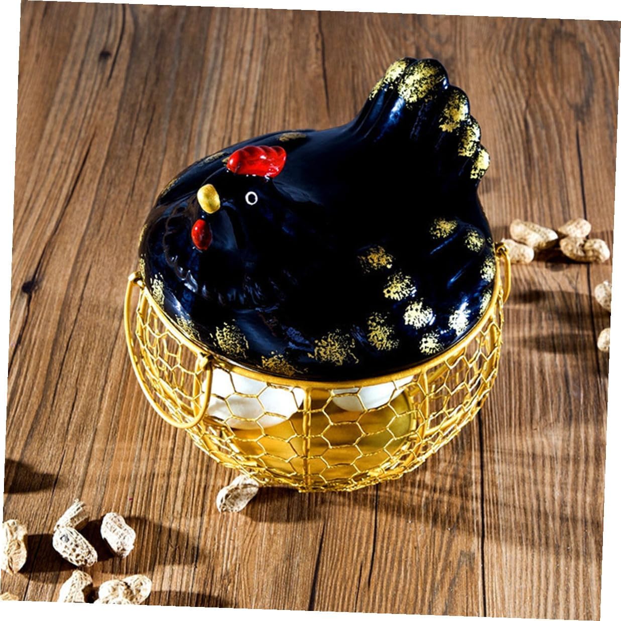 TIDTALEO Iron Art Chicken-shaped Egg Basket with Lid, Black and Gold Kitchen Storage Container, Food and Egg Holder for Rustic Farmhouse Countertop