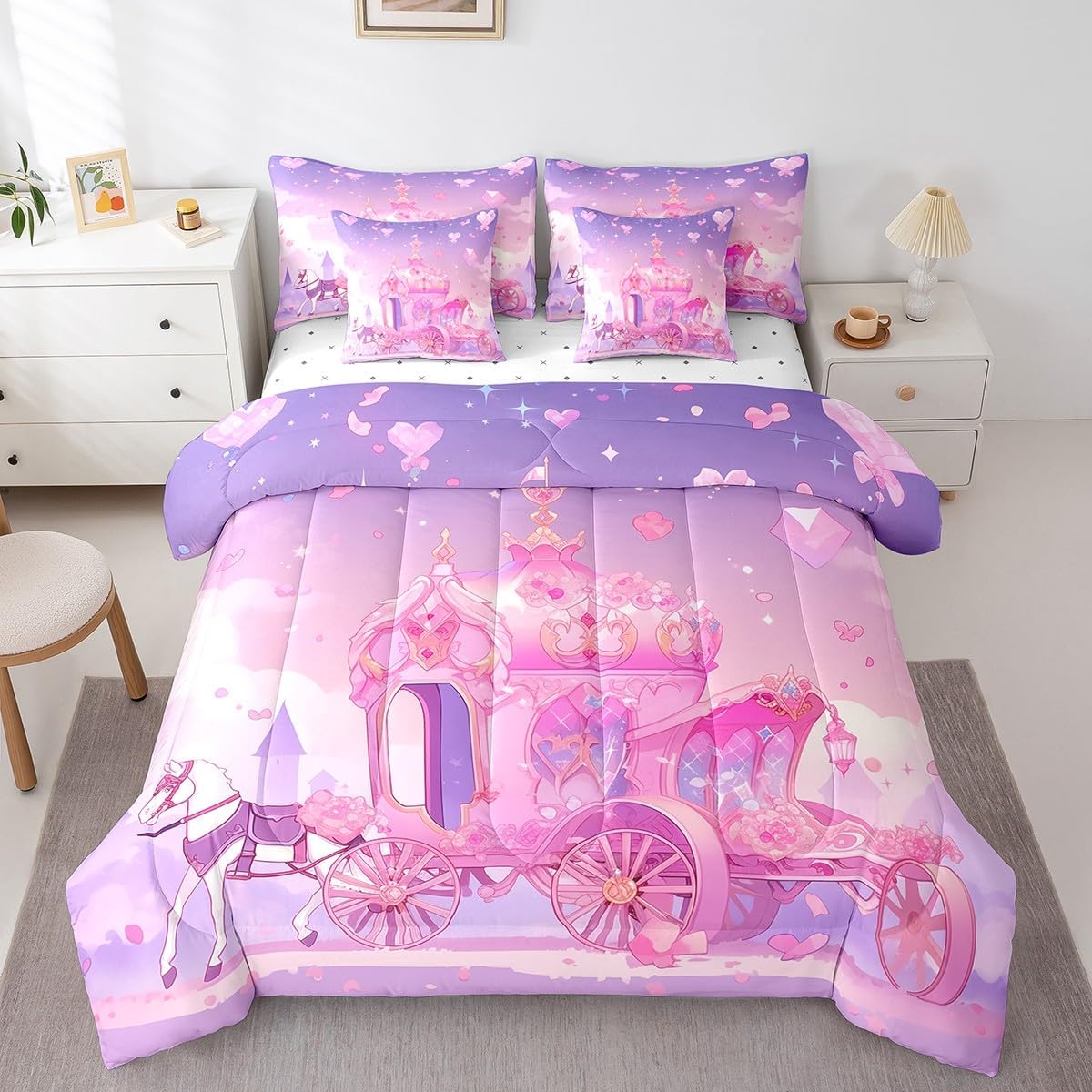 Feelyou Kids Girls Pink Comforter Set with Sheets Queen Size Princess Carriage 7 Piece Bedding Set Pink Love Heart Bed in a Bag Soft Bed Set
