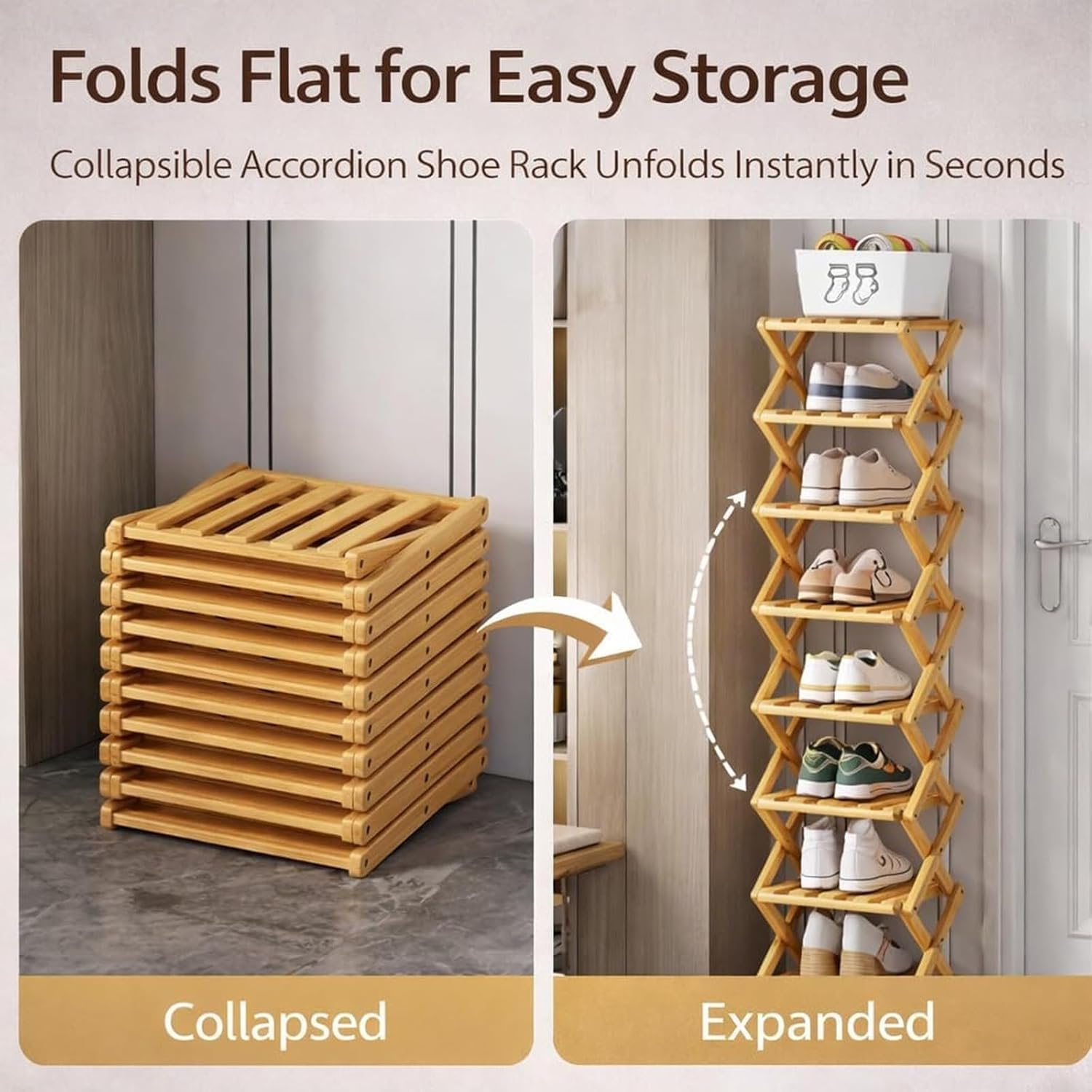 The 9-Tier No-Assembly Bamboo Rack, Folding Accordion Shoe Rack with Collapsible Vertical Design, Space-Saving Shoe Organizer for Entryway Closet Dorm (Brown, 6)
