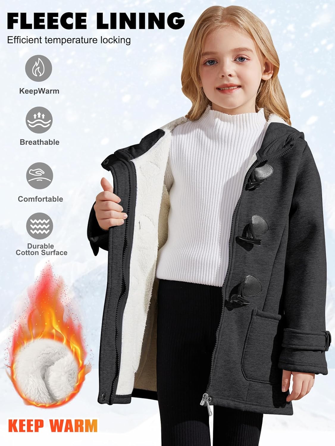 Kid's Girls Winter Fall Sherpa Lined Jacket Duffle Toggle Coat Warm Hooded Fleece Jacket Sweatshirt - Image 4