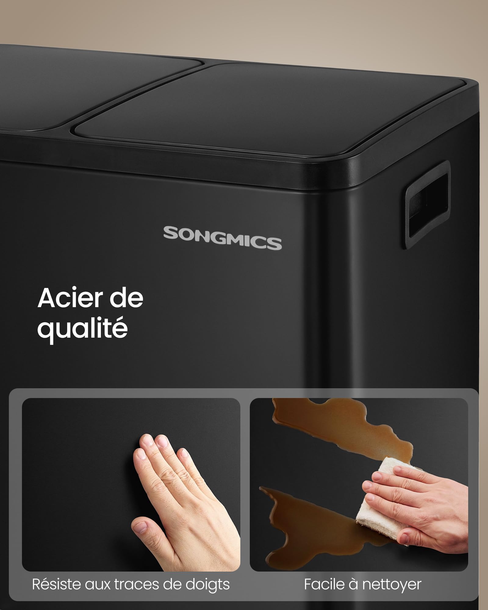 SONGMICS Poubelle de Cuisine 2 x 30 L, Corbeille de Tri 2 Compartiments, avec 15 Sacs Poubelle, Seaux Amovibles, avec Couvercle, Poignées, Fermeture en Douceur, en Acier, Noir d'Encre LTB160BZ02