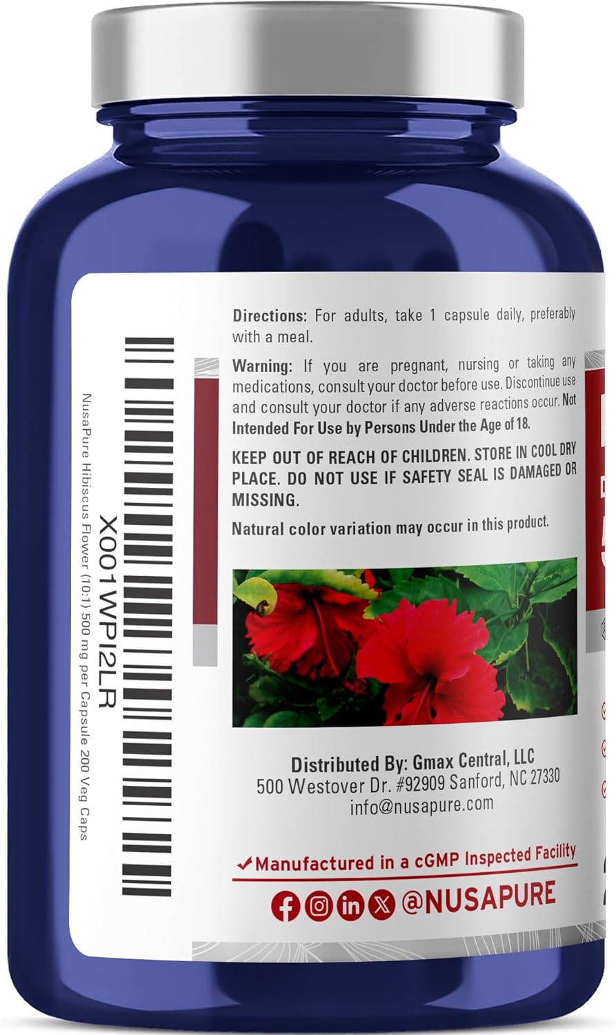 NusaPure Hibiscus Flower Capsules, 500 mg, 200 Veg Capsules (Non-GMO, Vegan)