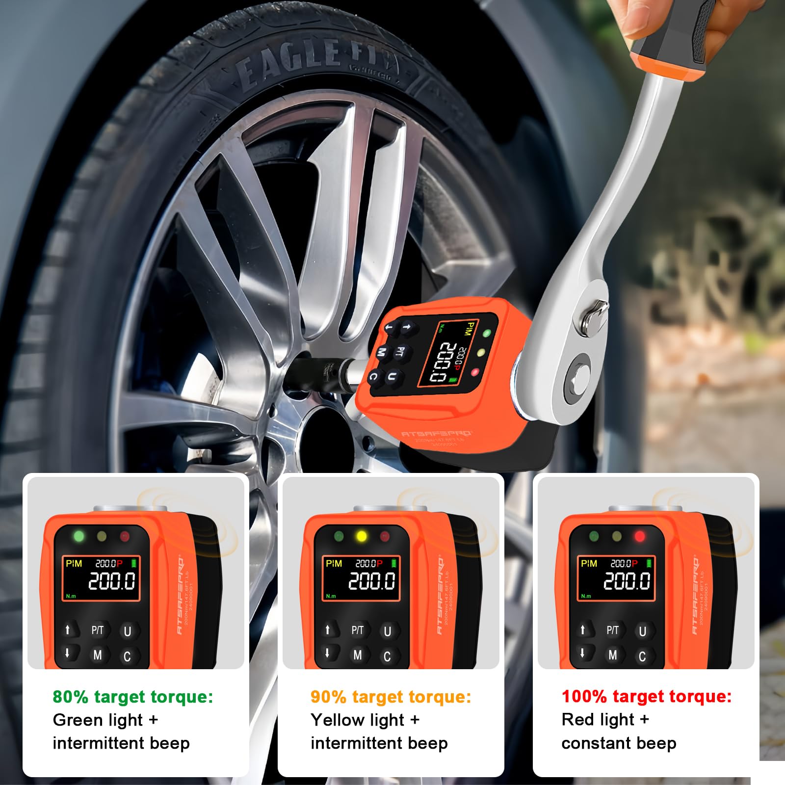 ATsafepro Adattatore Chiave Dinamometrica Digitale 1/2", 10-200 Nm Chiave Dinamometrica ±1% di Precisione con Schermo LCD a Colori e Buzzer, Adattatori 1/4" e 3/8" per Automobile, Motocicletta, Bicicl