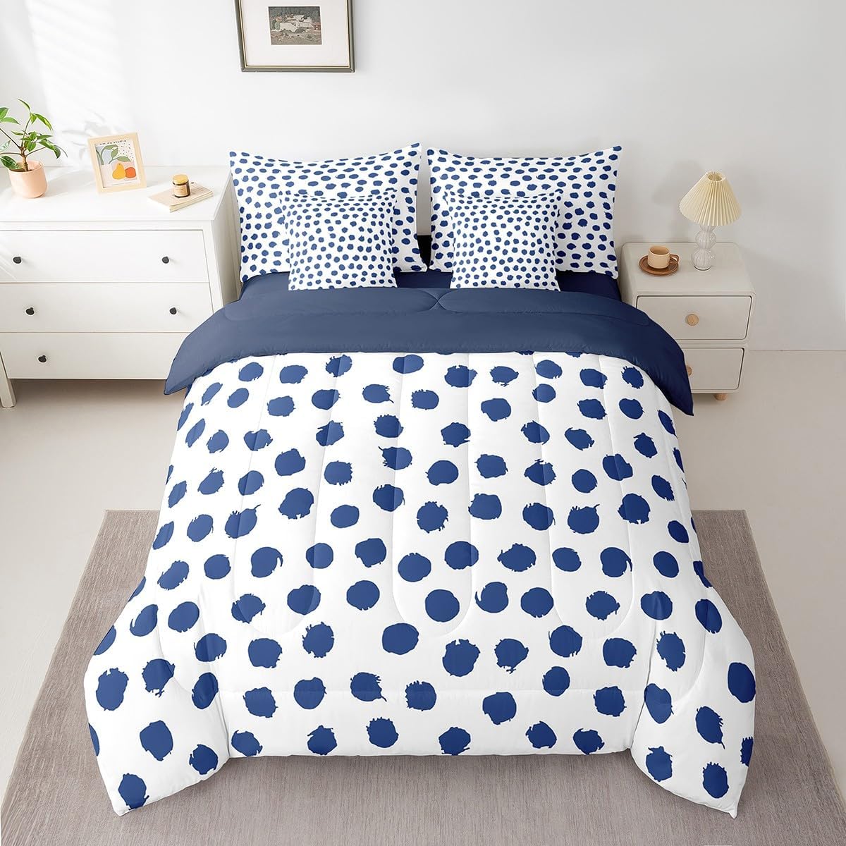 Erosebridal Boys Dots Bed in A Bag 7 Pcs Queen Size Polka Geometric Bed Set for Kids Men Brush Stroke Boho White Navy Blue Comforter Set Lightweight Sheet Set