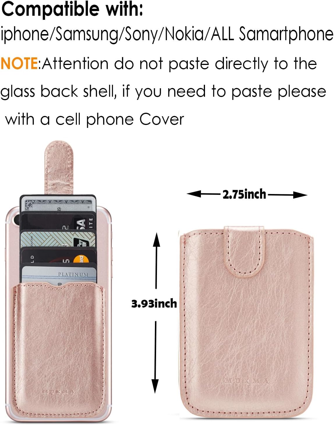 Phone Card Holder RFID Sleeve, Pu Leather Back Phone Wallet Stick-On Pull 5 Card Holder Universally Pocket Covers Credit Cash for iPhone/Android/All Smartphones (RoseGold) - Image 2