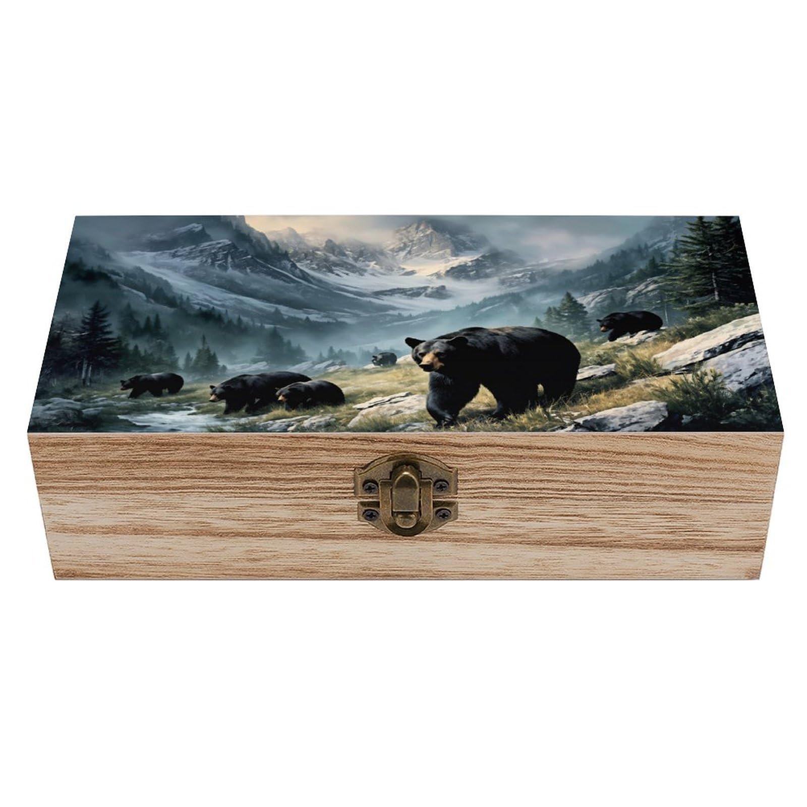 SMAZDFXX Mountain Bears Landscape Wildlife Wooden Keepsake Box Vintage Solid Wood with Hinged Lid 7.9"×3.7"×2.3" Metal Latch Rustic Home Decor for Jewelry Photos And Trinkets