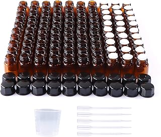 HWASHIN 100 Pack 2ml (5/8 Dram) Amber Mini Glass Essential Oils Sample Bottles with Black Caps for Essential Oils, Perfumes & Lab Chemicals (30ml Measuring Cup and 5 Droppers Included)