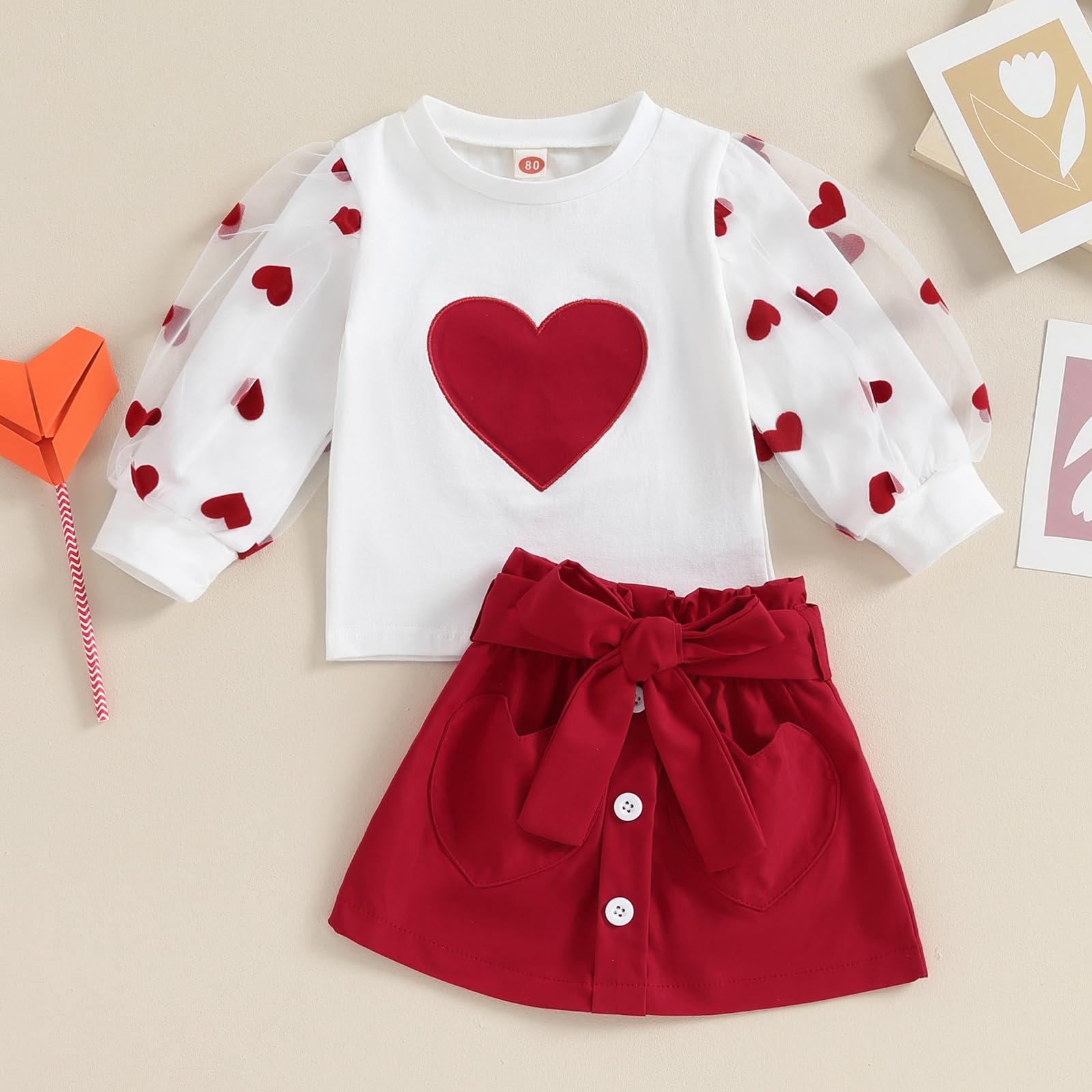 PENNSOY Kids Toddler Baby Girl Skirt Set Outfits Lace Puff Sleeve Shirts Heart Sweatshirt with Red Skirt 2Pcs Set (Ivory White, 2-3T)