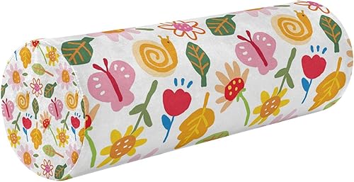 Hand Drawn Flower and Leaf White Bolster Pillow Cotton Cylinder Neck Roll Pillow Round Pillow Throw for Pain Relief Circular Pillow Cushion