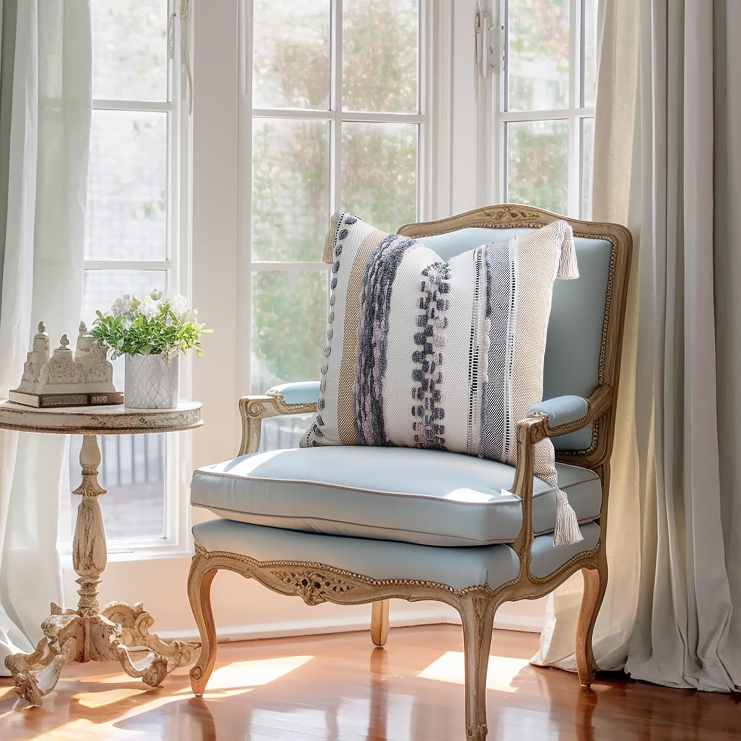 decorUhome Boho Decorative Throw Pillow Covers 18x18 Set of 2, Striped Chenille Tufted Pillow Covers with Tassels for Couch Bed Sofa, Cream White and Light Grey