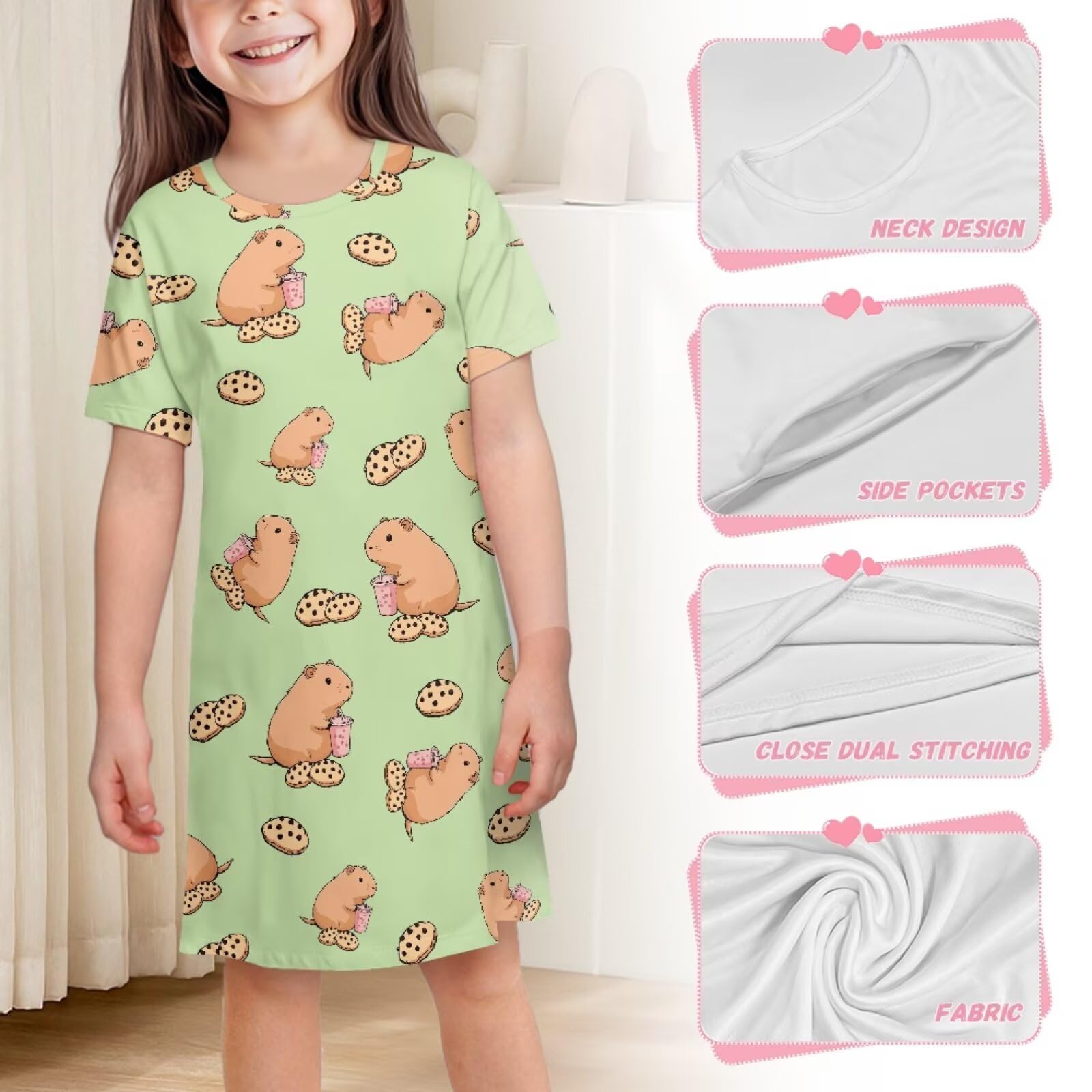 Camicia da notte estiva a maniche corte per ragazze, camicia da notte carina per bambini 5-14 anni