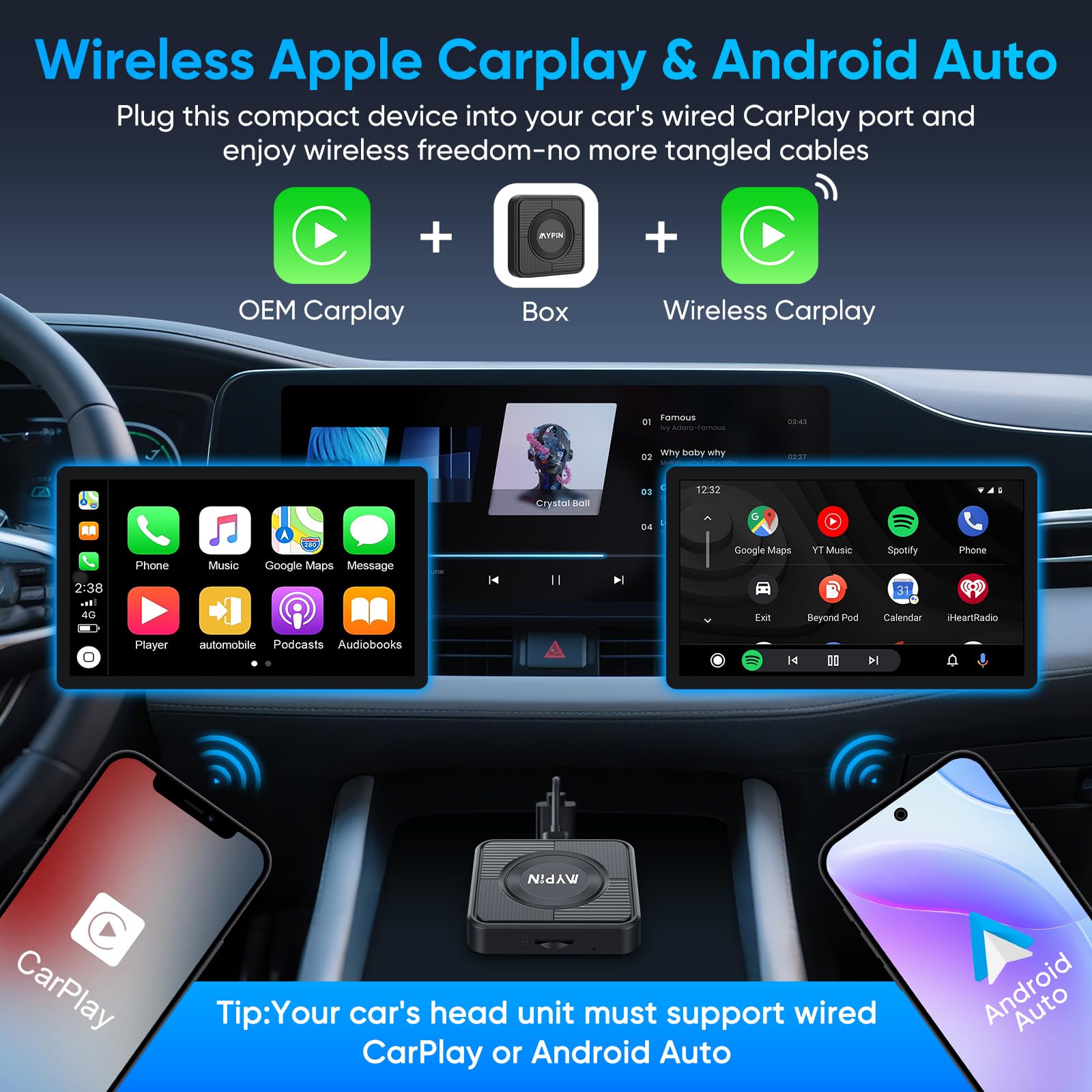 MYPIN Adaptateur CarPlay sans Fil 3-en-1, Convertisseur Le Filaire en sans Fil | Plug and Play | USB Type-C et Type A | pour iPhone et Android (Noir) | Prise en charge Netflix/YouTube et fente pour carte TF, Plug & Play, compatible avec USB Type-C/A, pour