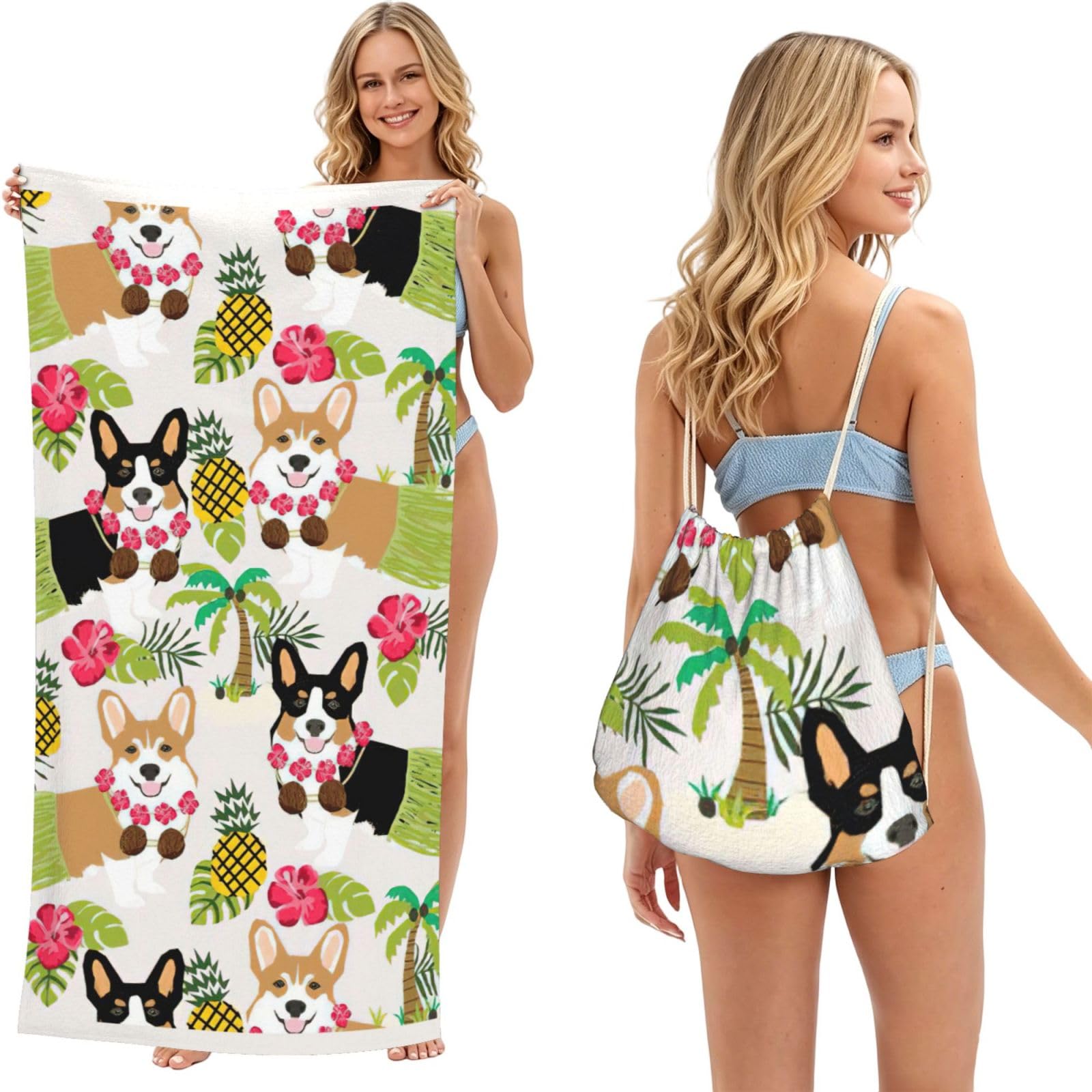 aacxzff Corgi Hawaiian Tropical Summer Pineapple Print 2 in 1 Packable Towel Bag, Drawstring Beach Towel Backpack,80x160cm for Beach trips