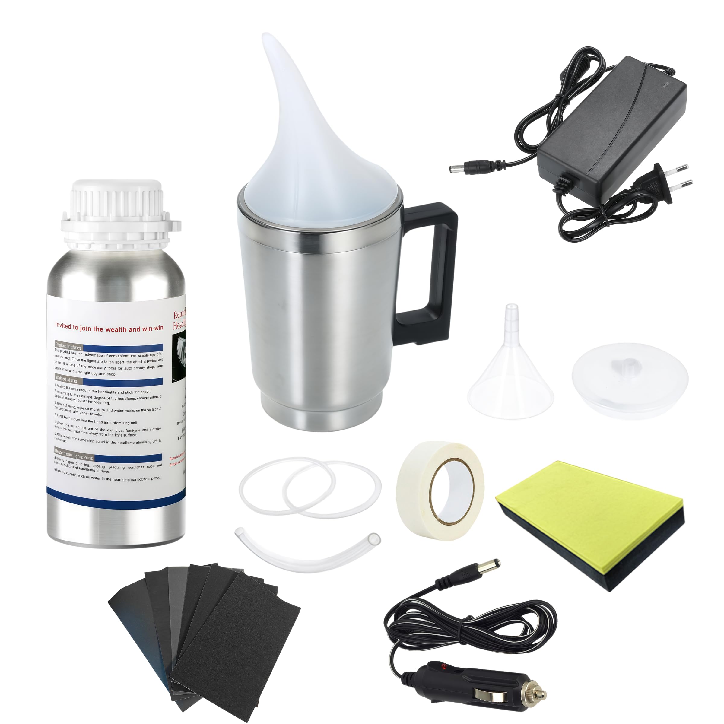 Kit de réparation de phares, kit de réparation de phares, outil de réparation de polissage, papier abrasif, entonnoir, joints d'étanchéité, bande de protection, entièrement équipé et facile à utiliser