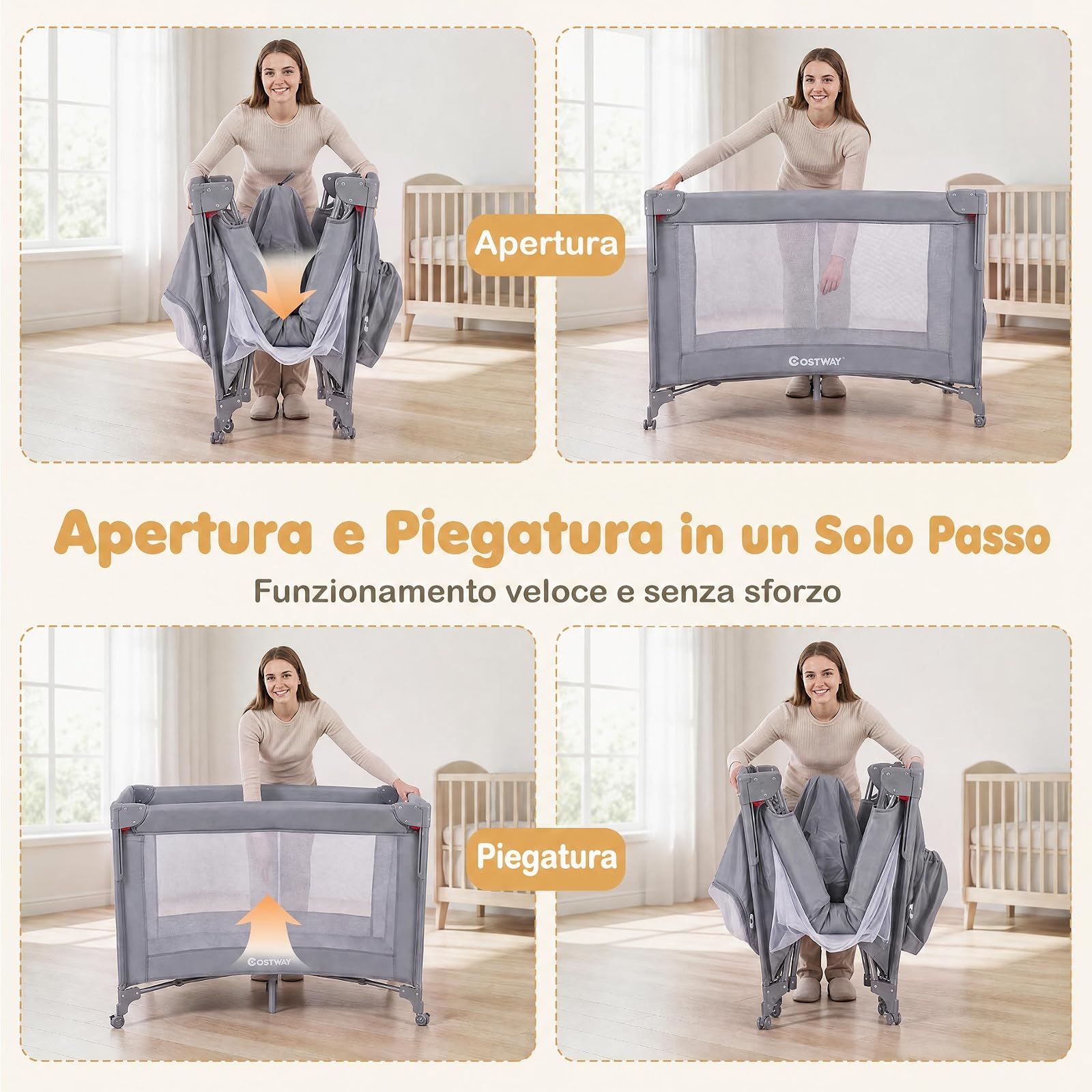 COSTWAY 5 in 1 Culla Co-sleeping Pieghevole per Neonato con Ruote (Grigio) | Lettino da Affiancare Portatile con Fasciatoio, Meterasso, Giocattoli e Carillon, Altezza Regolabile, per Bambini 0-3 Anni