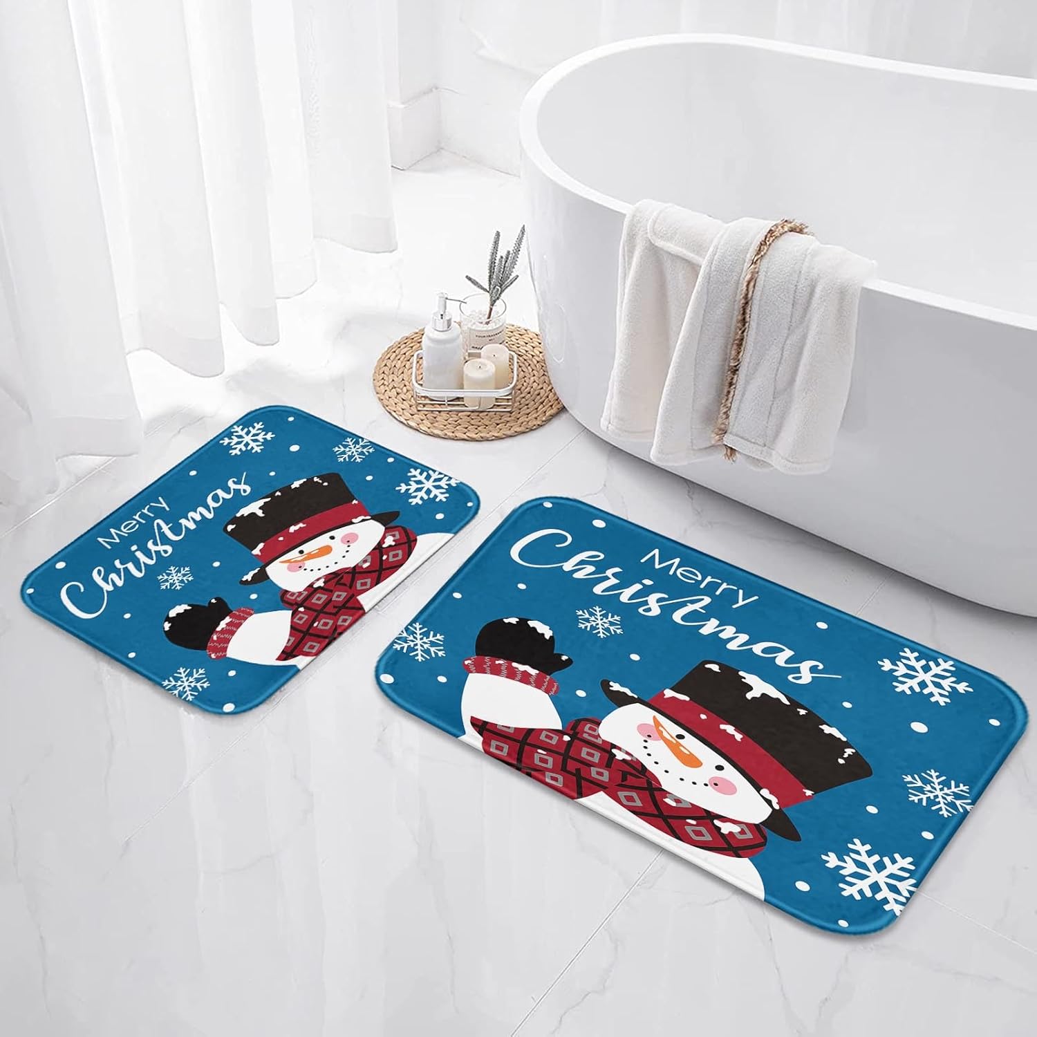 Arttown Christmas Bathroom Rug Mat Set of 2, Cute Snowman Christmas Bathroom Rugs