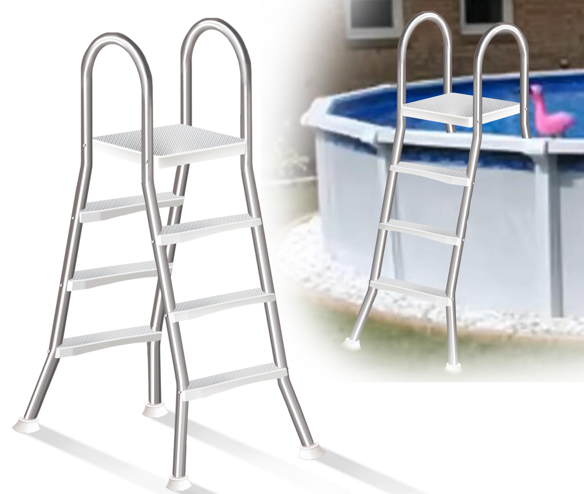 Escaleras para Piscinas Elevadas, Escalera Antideslizante de Doble Cara con 4 Peldaños, Escalones de Inoxidable para Piscina, Carga de 250 Kg, para Piscinas de 135 cm