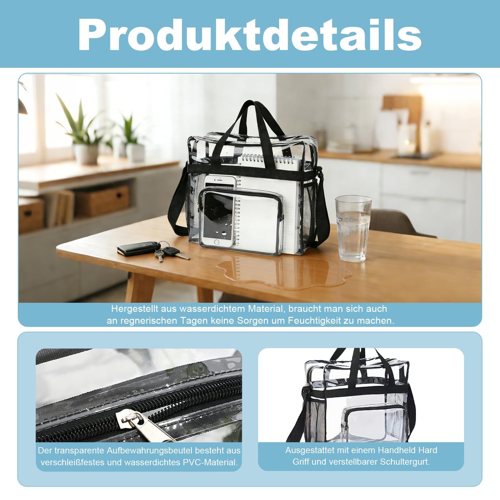 Borsa trasparente, 28 x 13 x 27 cm, trasparente, per lavoro, palestra, concerti e competizioni sportive
