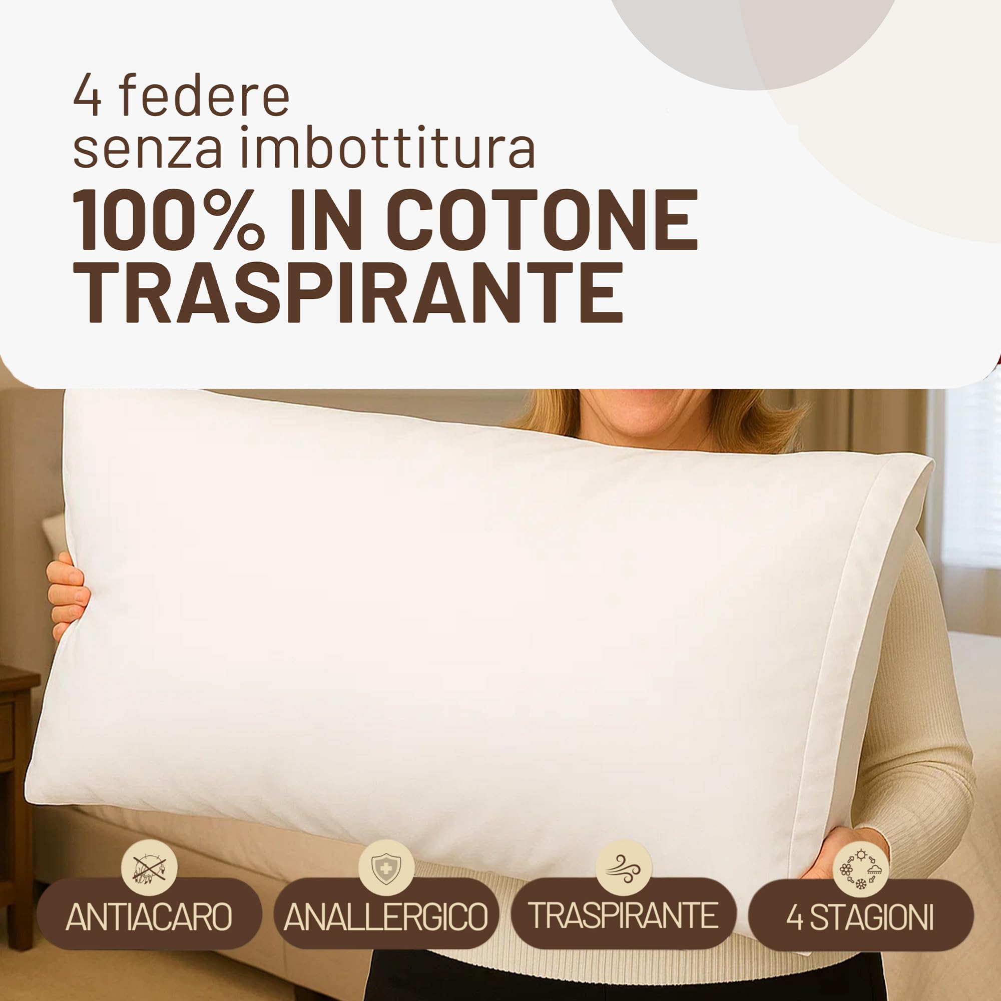 SONIT - Set 4 Federe Bianco Cuscino Letto 50x80 cm 100% Cotone con Chiusura a Busta, Morbidi e Traspiranti, Letto Matrimoniale, Fodere Guanciale Lavabili Biancheria Letto, Made in Italy