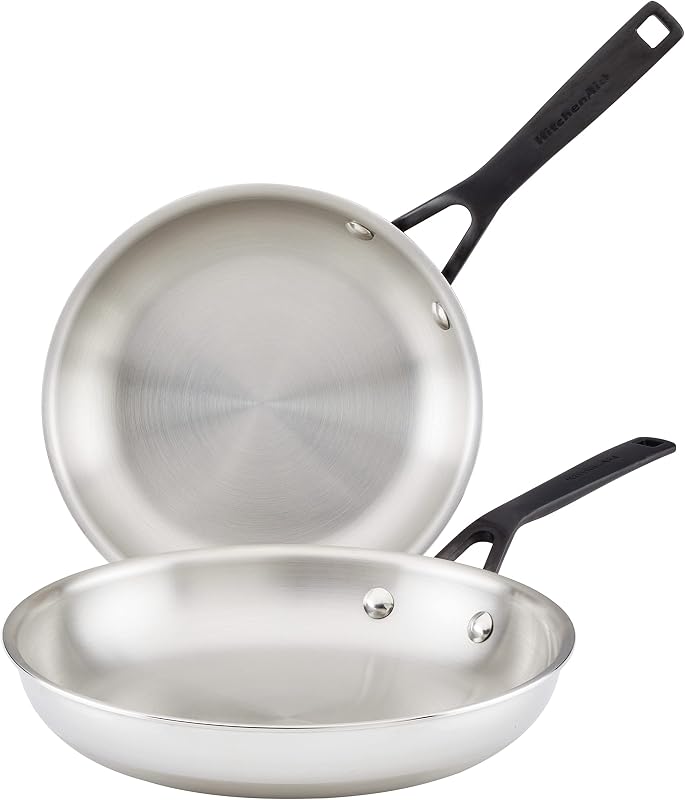KitchenAid Juego de sartenes de inducción de acero inoxidable revestido de 5 capas, 2 piezas, acero inoxidable pulido