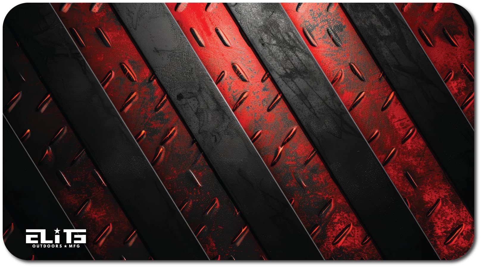 Elite Outdoors MFG | Abstract Metal Gun Cleaning Mat | Grunge Diamond Plate Design | Black & Red | Made in The USA | Size 12x22 inches