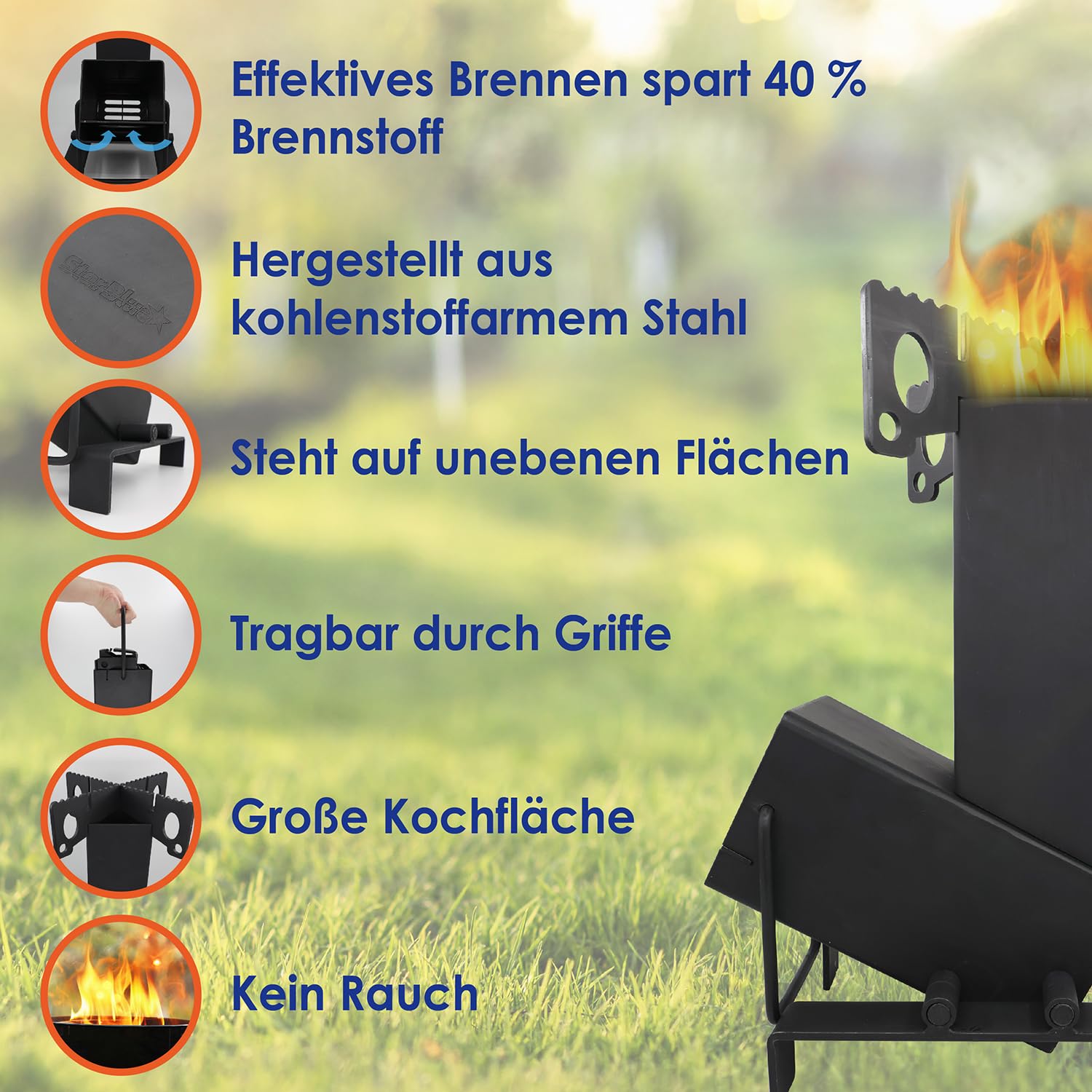 StarBlue zusammenklappbarer Raketenofen mit kostenloser Tragetasche, tragbarer Holzofen mit großer Brennkammer, ideal für Outdoor-Kochen, Camping, Picknick, Grillen, Jagd, Angeln