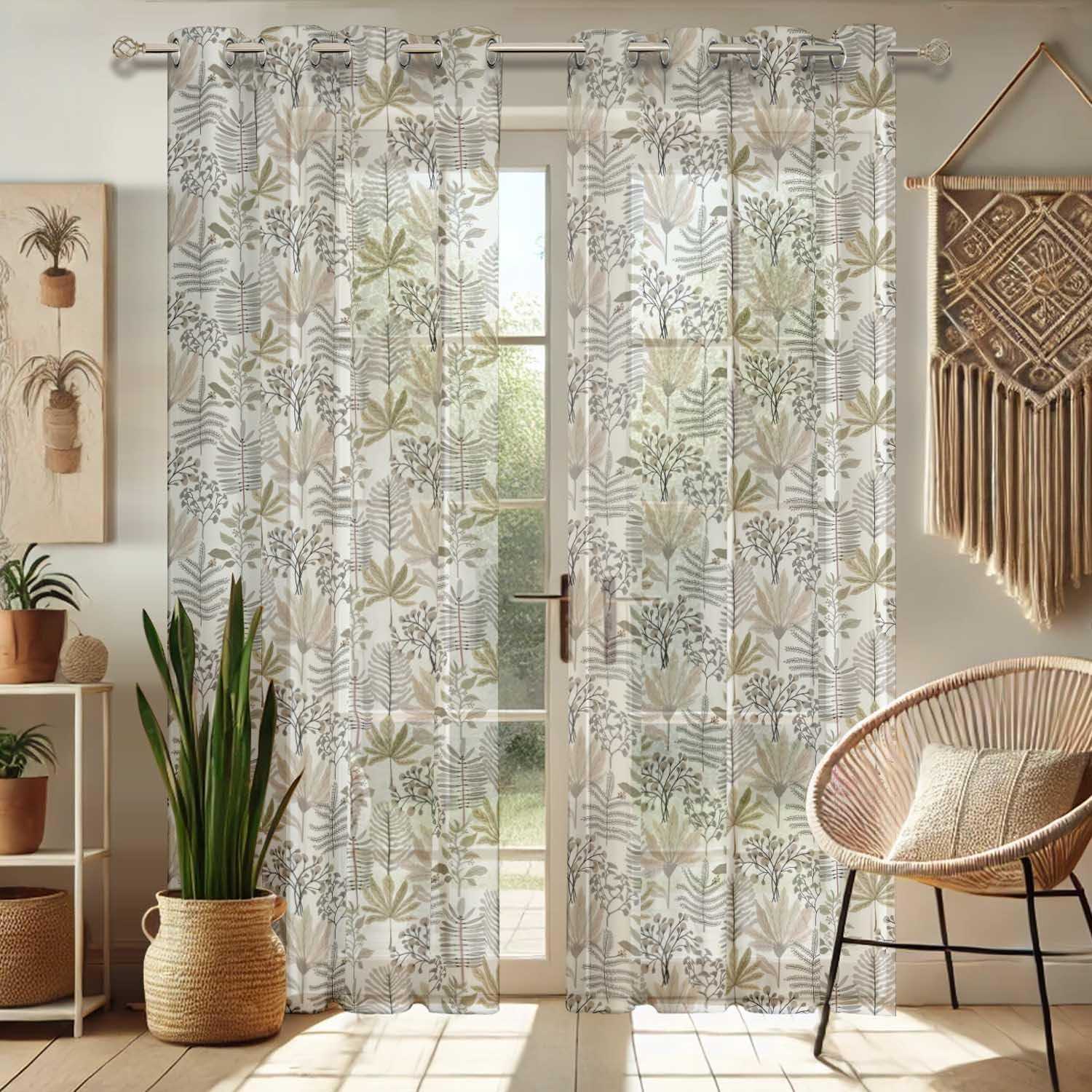 Foliage Pattern Sheer Curtains for Short Windows - Set of 2 Panels, 63", Grommet Top, Printed Georgette, Light Filtering Drapes for Kitchen or Bedroom
