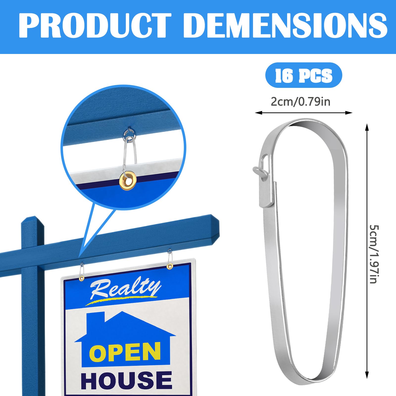 16-Pack Real Estate Sign Clips - Stainless Steel Hanging Clips For Yard Signs & Open House