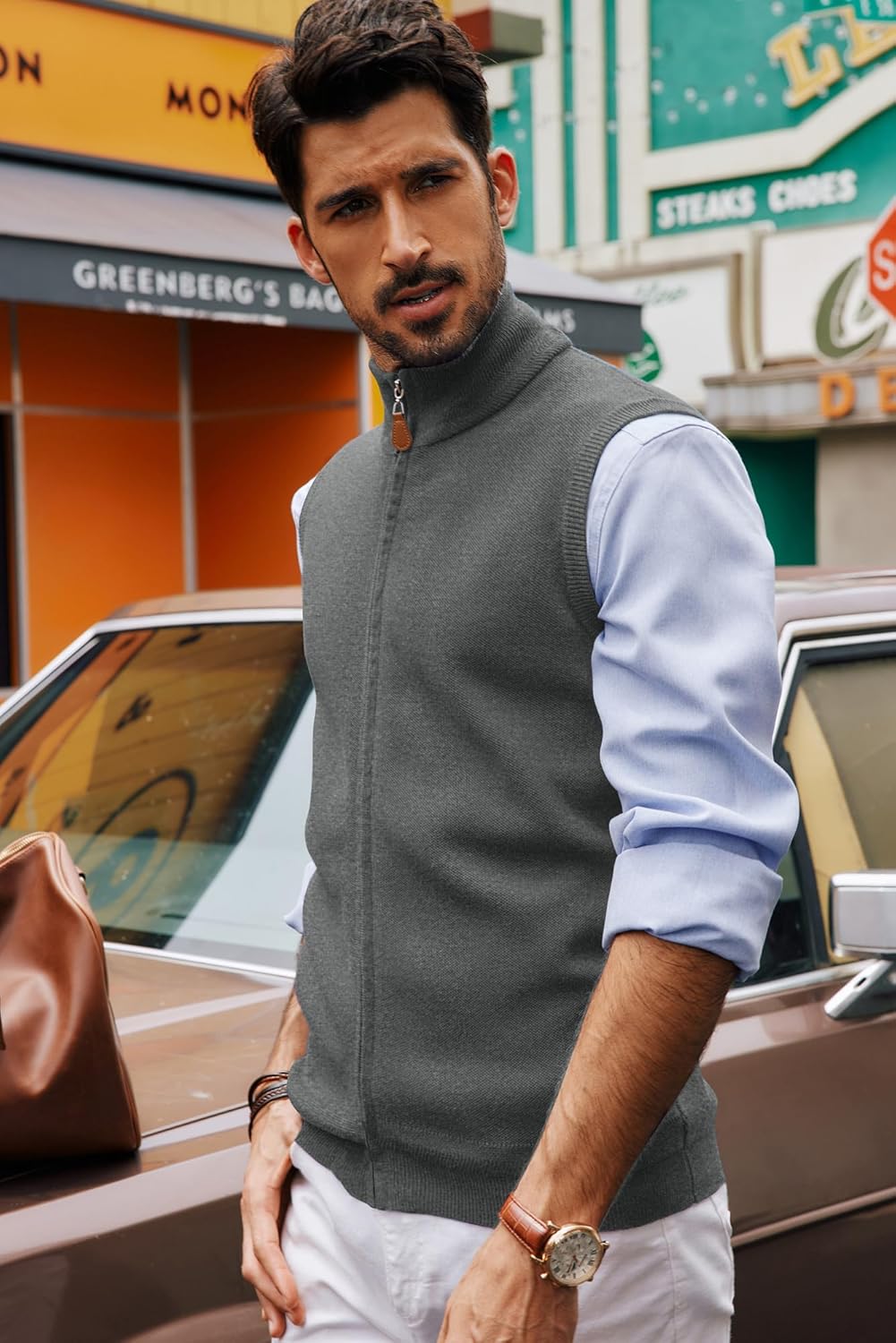 PJ PAUL JONES Mens Sweater Vest Full-Up Knitted Vests Casual Stand Collar Vests Sweater - Image 4