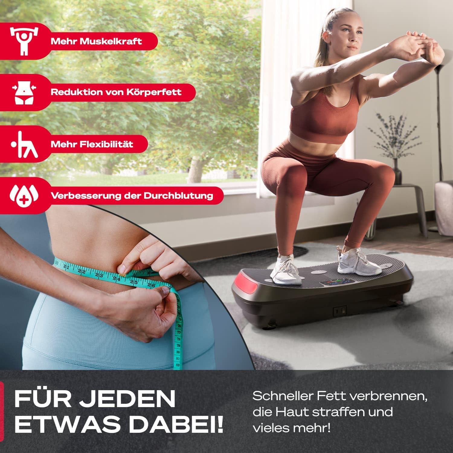 Sportstech VP400 illustrating benefits like increased muscle strength, body fat reduction, improved flexibility, and enhanced blood circulation