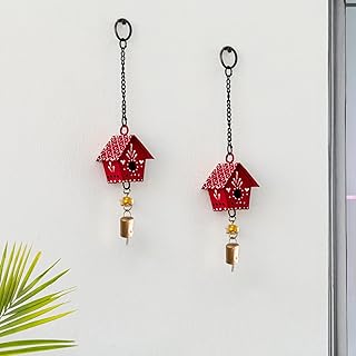 JASMEY HOMES Red Little Hut (Set of -2) Hand Painted Hanging Ornaments for Home, Decorative Windchime Hanging Bells for Home Decoration Living Room Garden, Gifting