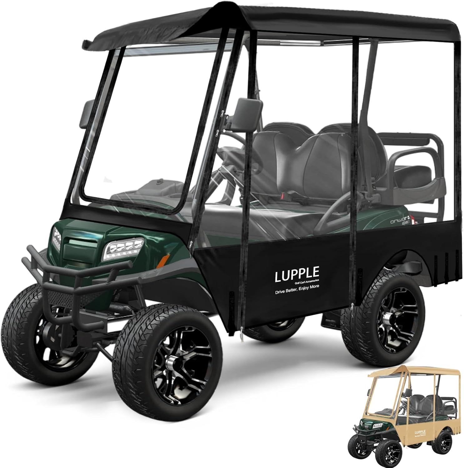 Golf Cart Enclosure 4 Passenger Extended Roof for EZGO/Club Car/Evolution/Yamaha/ICON, Fits 2+2 Seater Model, 600D Waterproof Rain Cover with Clear PVC Windows and 4-Sided Roll-Up Zipper Doors