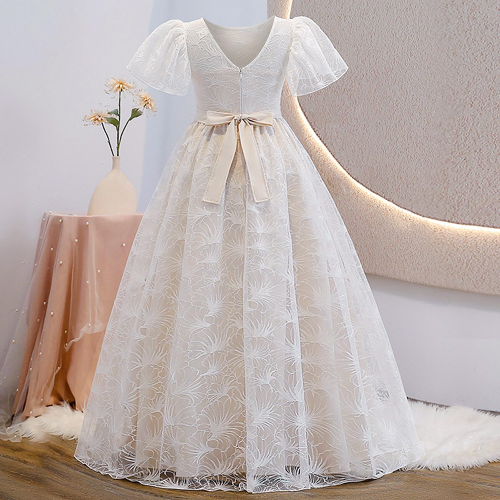 Genérico Vestidos para niñas, Vestido de Encaje con cinturón, Elegante Vestido de Fiesta para niñas, Ropa Informal, Bordado Floral, Traje de tutú, Moda cómoda para niñas de 8 a 13 años