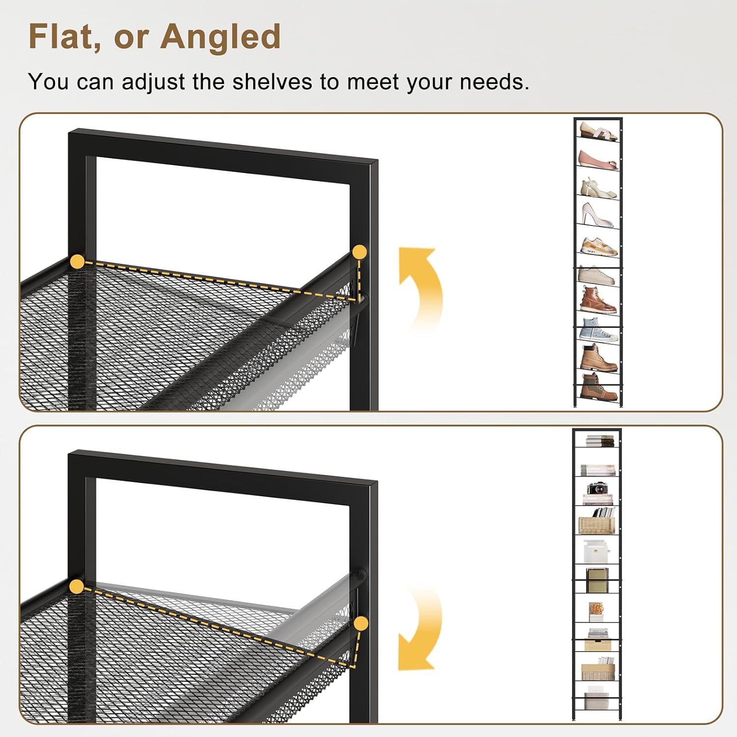 10 Tier Metal Shoe Rack, Tall Shoe Organizer Holds 40-50 Pairs, with Adjustable Flat or Angled Shelves, Shoe Storage Shelf for Closet, Entryway, Garage, Black