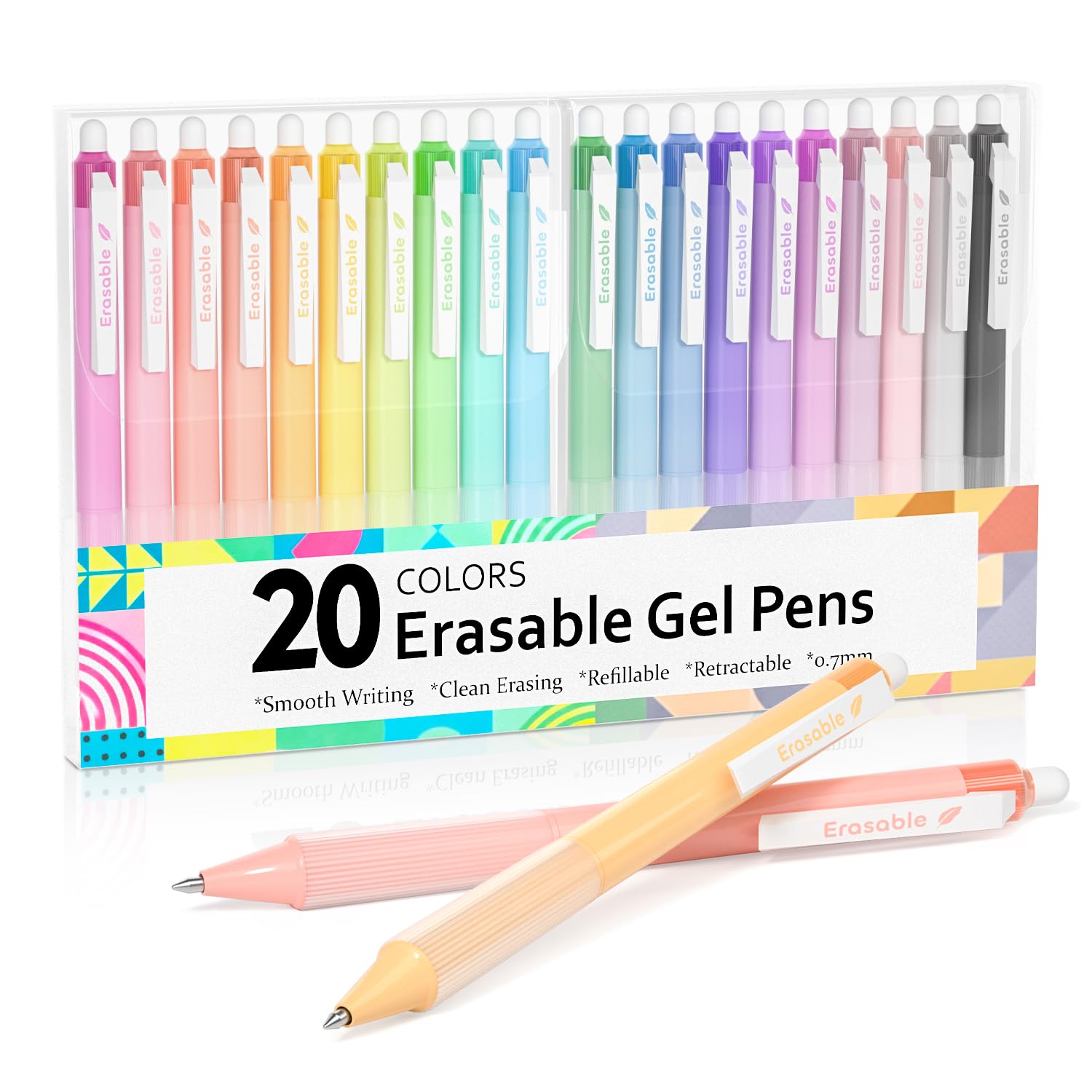 Lineon Bolígrafos de gel borrables, 20 colores, retráctiles, punta fina (0.7 mm), tintas de colores surtidos, hacen desaparecer errores al planificar escritura y crucigramas