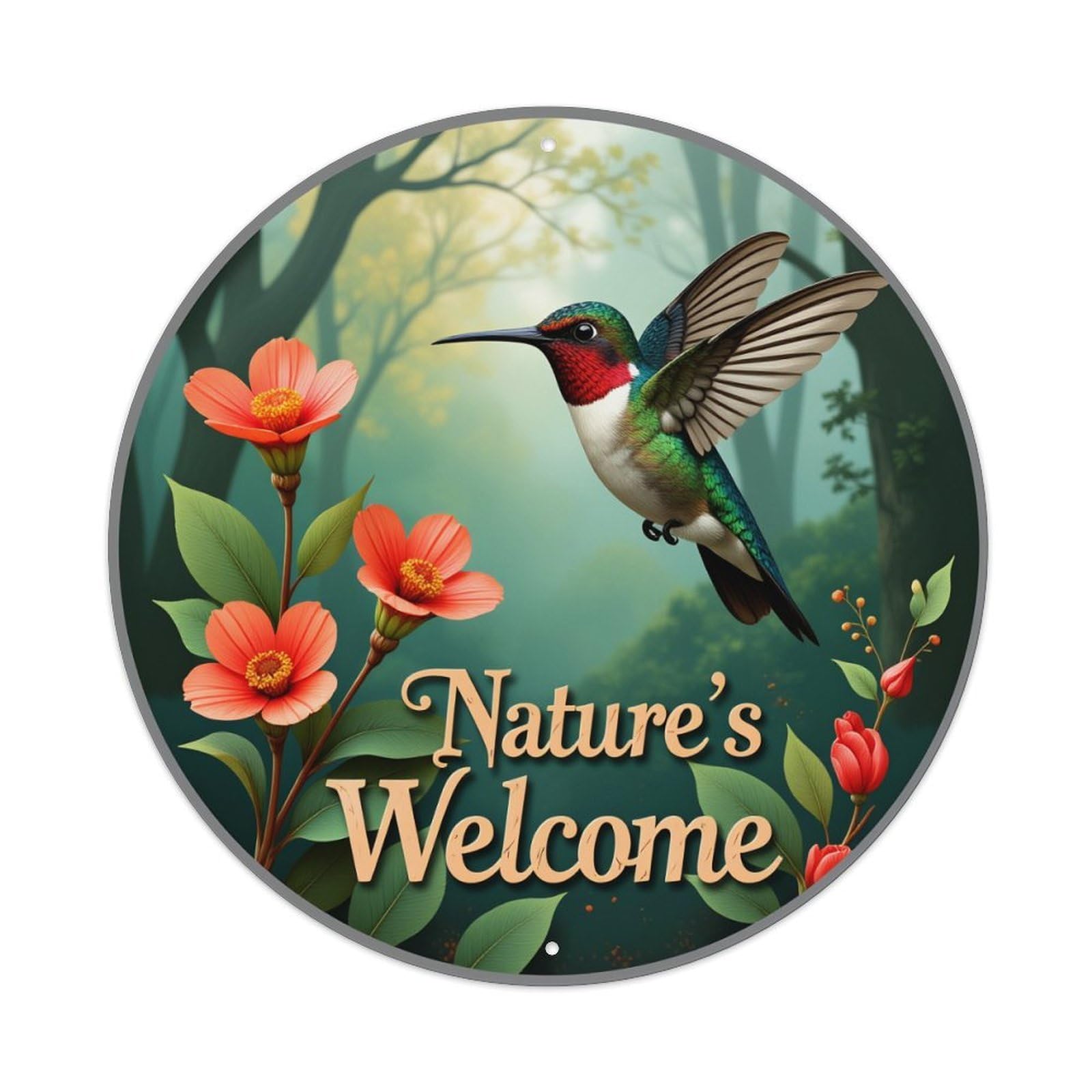 Hummingbird Flower Forest Nature Welcome Round Tin Sign Vintage Metal Poster, Home Bar Garage Man Cave Cafe Indoor & Outdoor Wall Decoration 8x8Inches