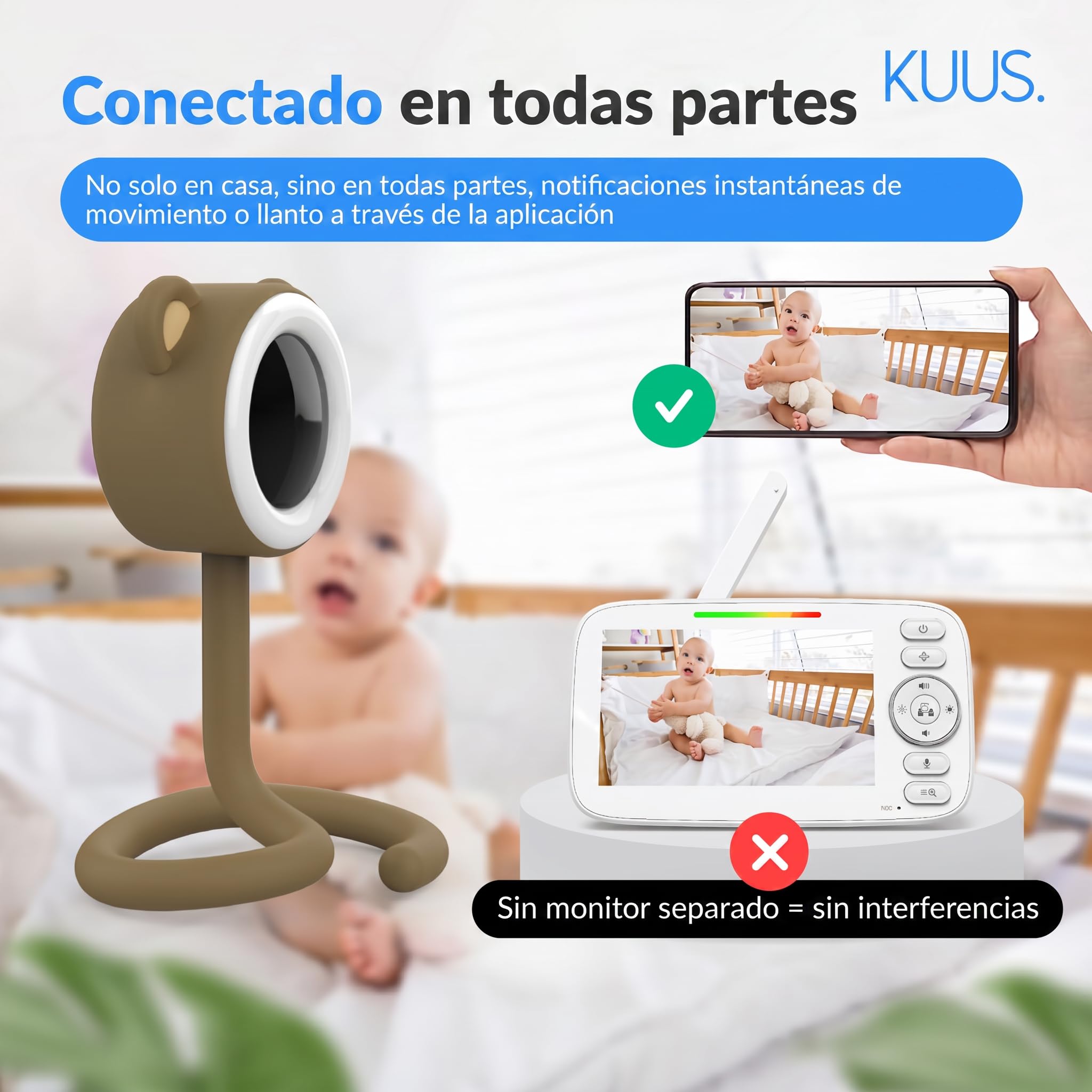 KUUS. BM1 Vigilabebés Cámara Bebé 2K WiFi App, Cámara Vigilancia Bebe Detección Llanto Ruido Blanco, Cámara Interior WiFi, Audio Bidireccional, Visión Nocturna, SD 32 GB Class U1