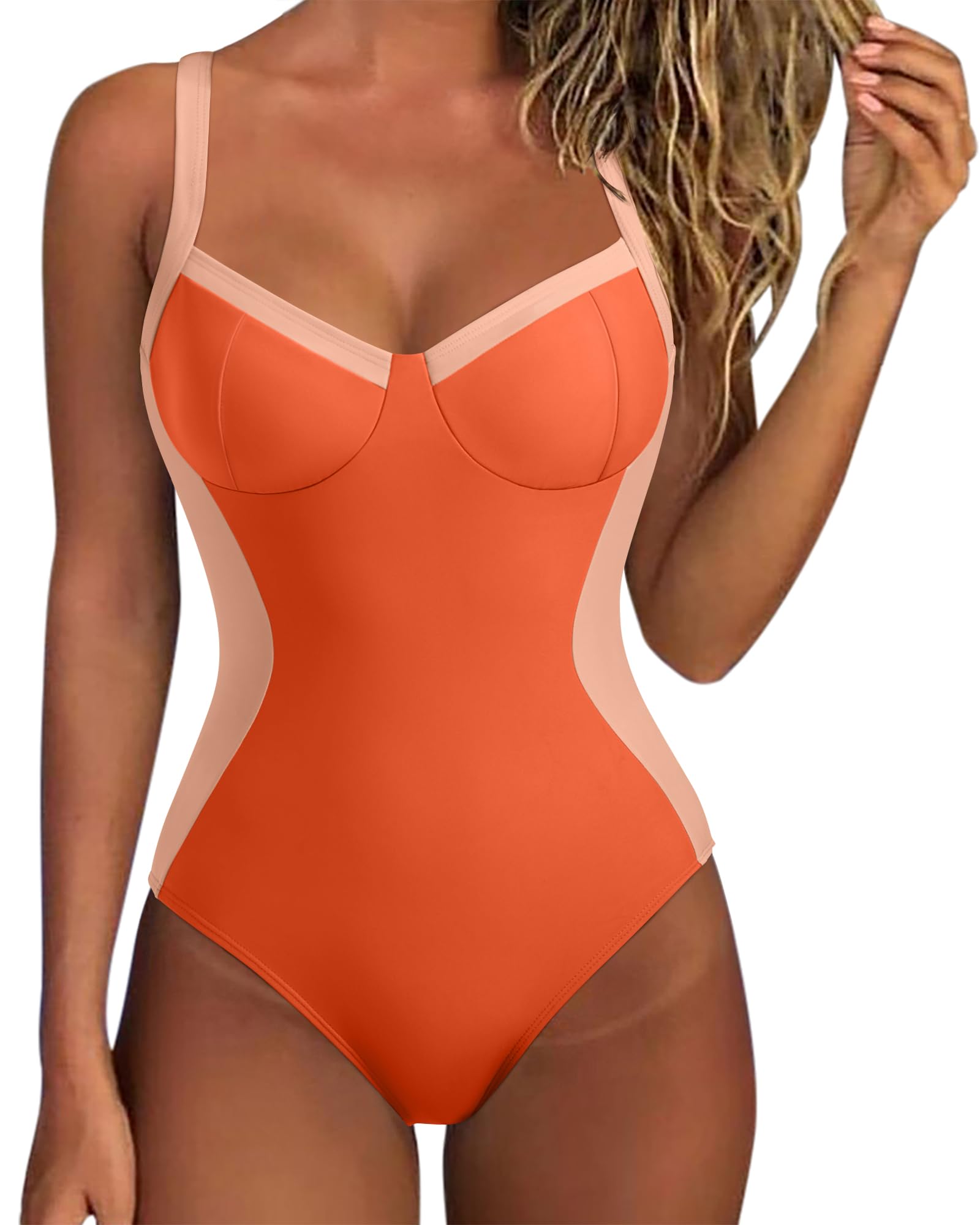 Photo 1 of SUUKSESS Womens Tummy Control Slimming One Piece Swimsuits Sexy V Neck Crisscross Back Bathing Suits Push up Swimwear(Orange,Medium)